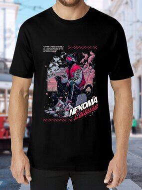 Nekoma Leisure Cat Graphic Tee - Black with Pink Accents